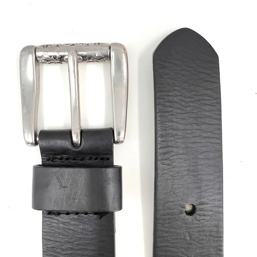 Fossil Men‎ Black Leather Belt Floral Engraved Silver Buckle Western Cowboy 34